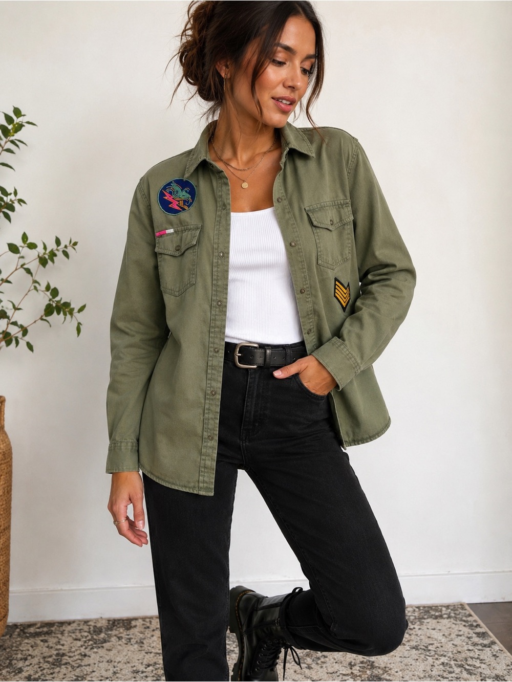 Arizona Jean Co Olive Green Military Utility Button Front Shirt Women’s XL